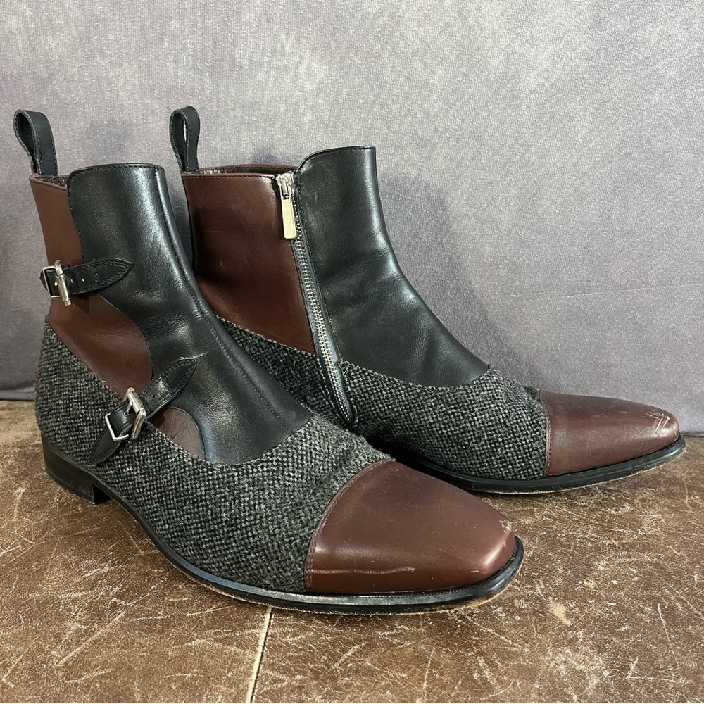 Que Sheebly Octavian Boots Mens Sz 11 Brown Gray Leather Double Monk Strap Shoes